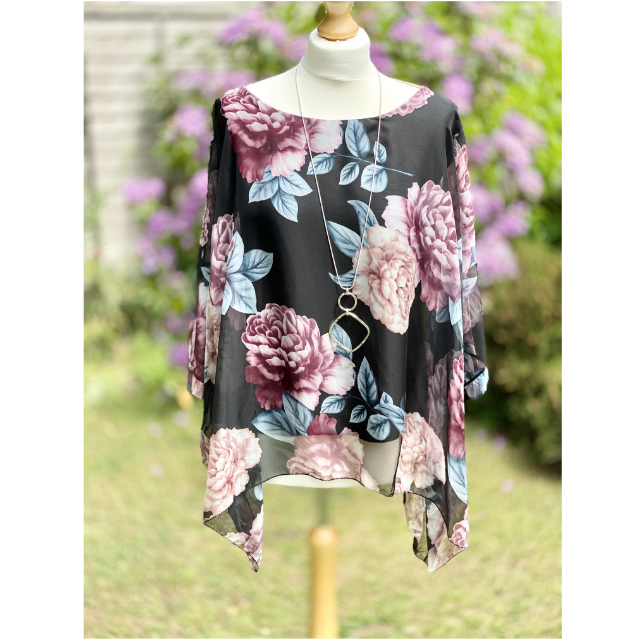 Black bat wing sleeved silky floral blouse with undervest Salamandar