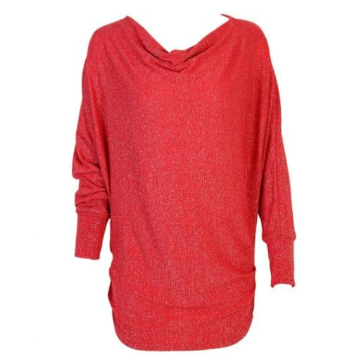 Red , glittery, draped, cowl neck, top