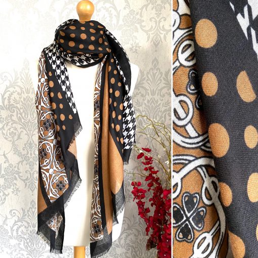 black, brown, dotty, patterned, scarf