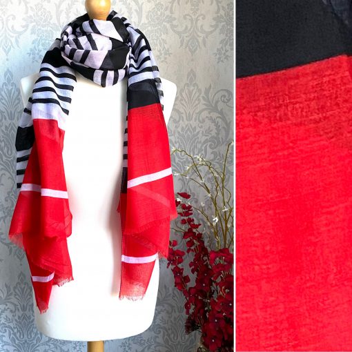 Black, white, red, striped, scarf