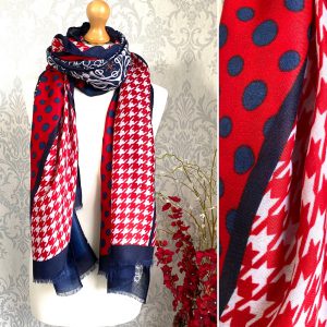 navy, red, dotty, patterned, scarf