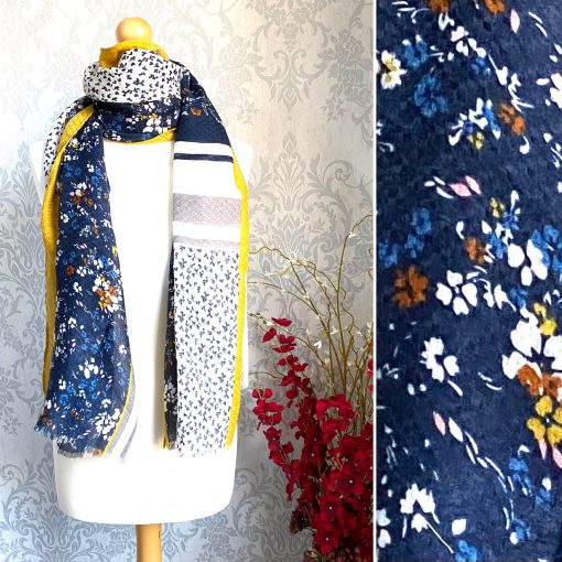 Yellow , navy, floral, scarf