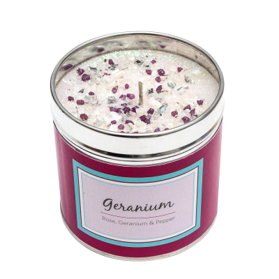Geranium candle, tinned candle, scented candle