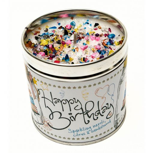 happy birthday candle, tinned candle, Sparkling, neroli, citrus, sandalwood, scented candle