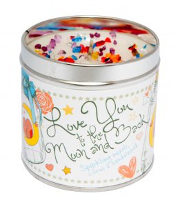 love you to the moon & back candle, tinned candle, Sparkling, neroli, citrus, sandalwood, scented candle