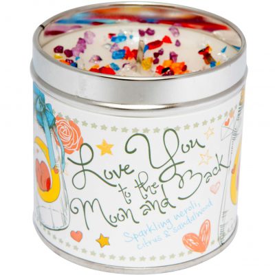 love you to the moon & back candle, tinned candle, Sparkling, neroli, citrus, sandalwood, scented candle