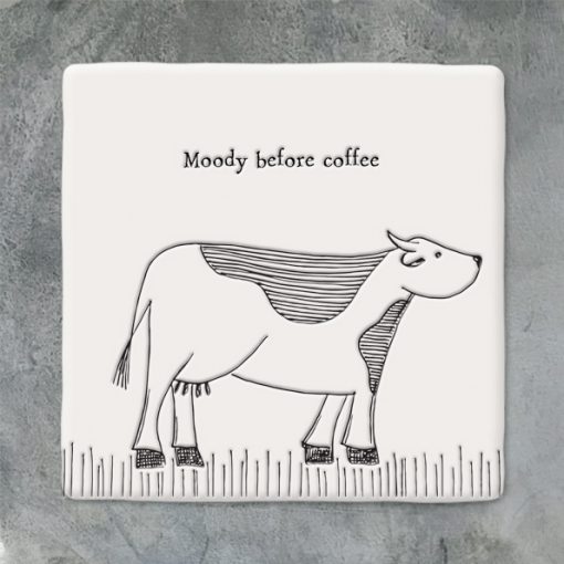 East of India, ceramic, porcelain, coaster, moody before coffee, cow coaster