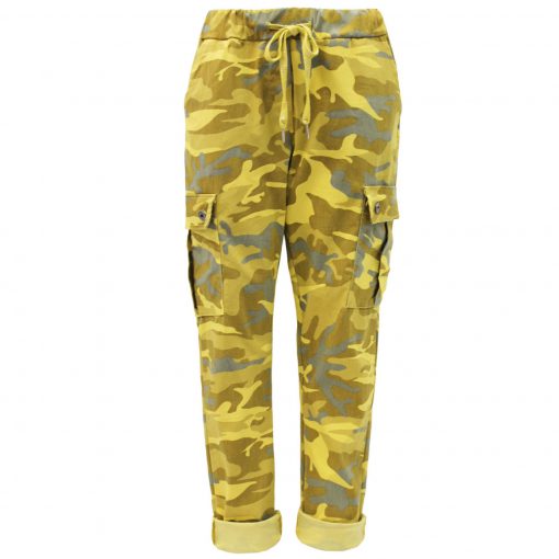 mustard, camo, cargo, stretchy, magic trousers, joggers