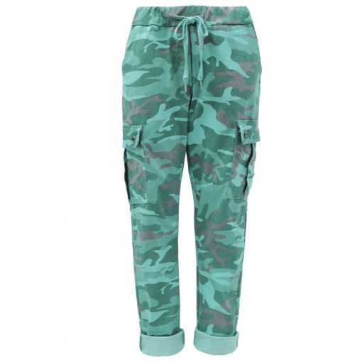 teal, camo, cargo, stretchy, magic trousers, joggers