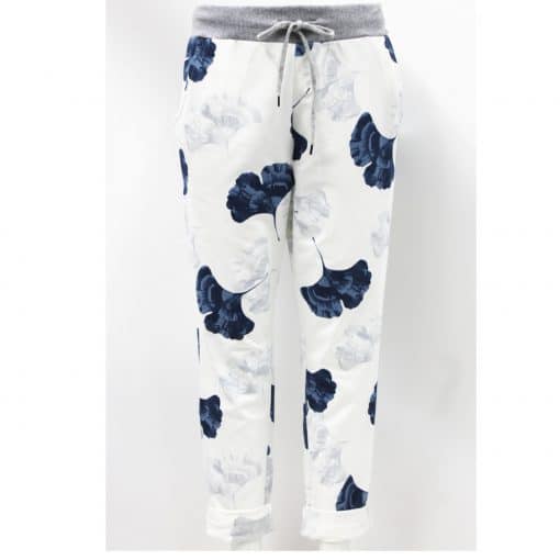 white, ginkgo leaves, stretchy, magic trousers, joggers