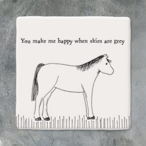 East of India, ceramic, porcelain, coaster, happy when skies are grey, horse coaster, friends