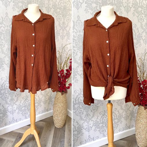 Chocolate brown cotton front tie blouse