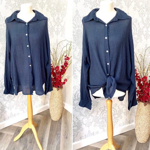 front tie, blouse, navy
